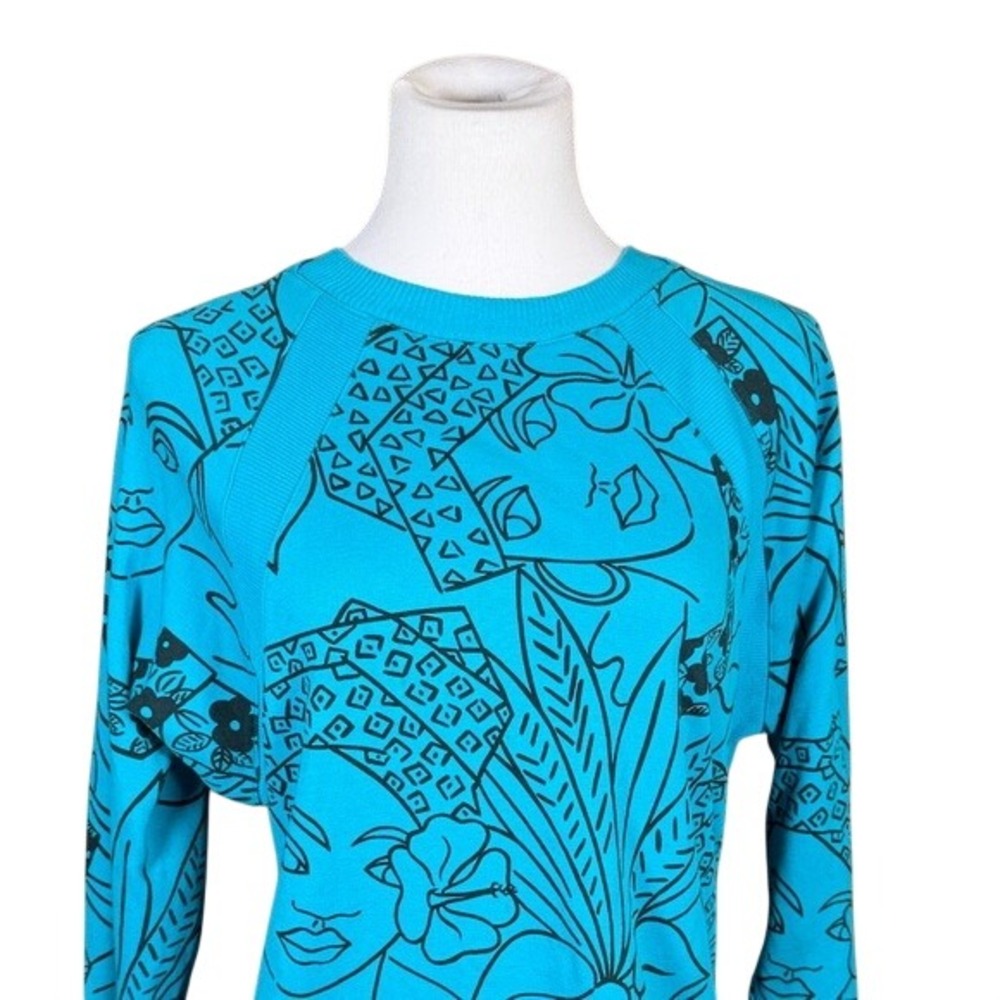 Jeanne Pierre Sweater Womens S Graphic Print Turquoise Blue‎ Cotton Ribbed Trim